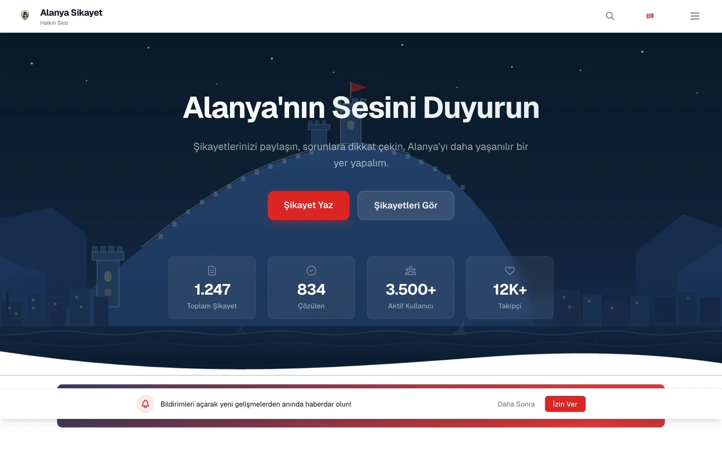 Alanya Şikayet masaüstü ana sayfa görünümü