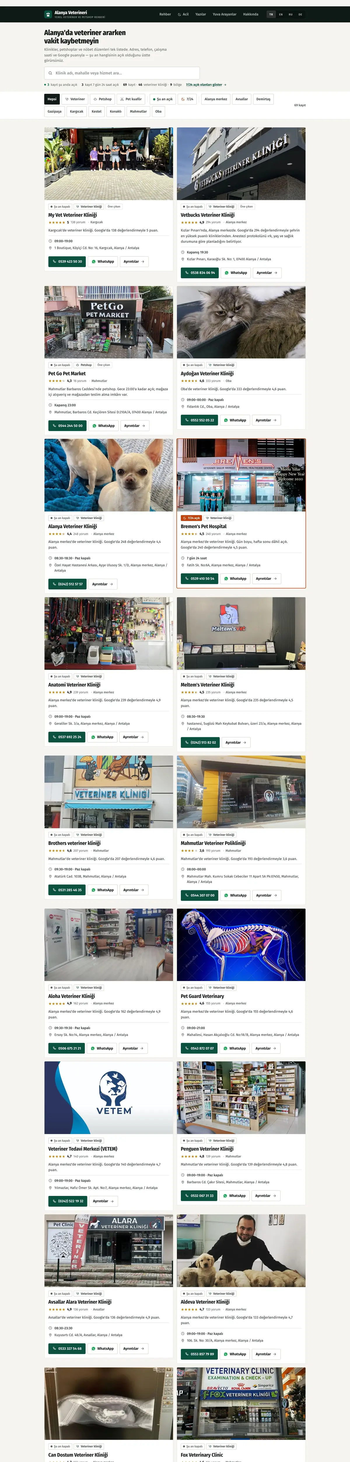 Alanya Veterineri sayfasının tam görünümü