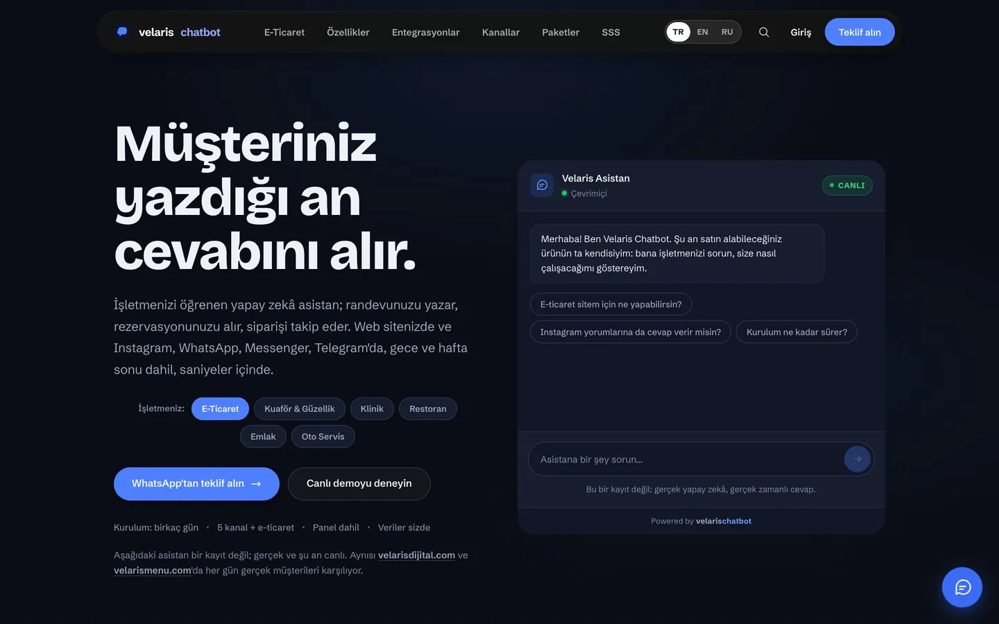 Velaris Chatbot masaüstü ana sayfa görünümü